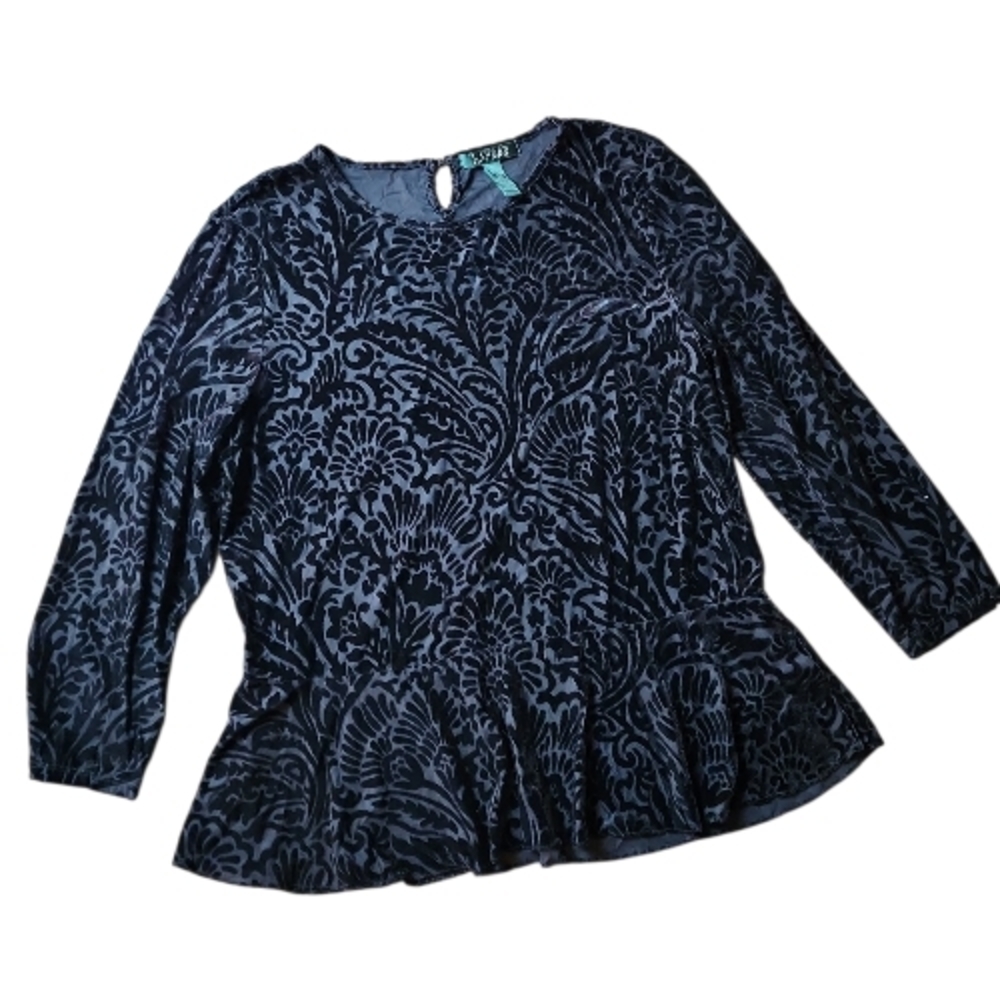 LAUREN RALPH LAUREN | Tonal Black Burnout‎ Velvet Peplum Whimsigoth Top | XL - Picture 2 of 9